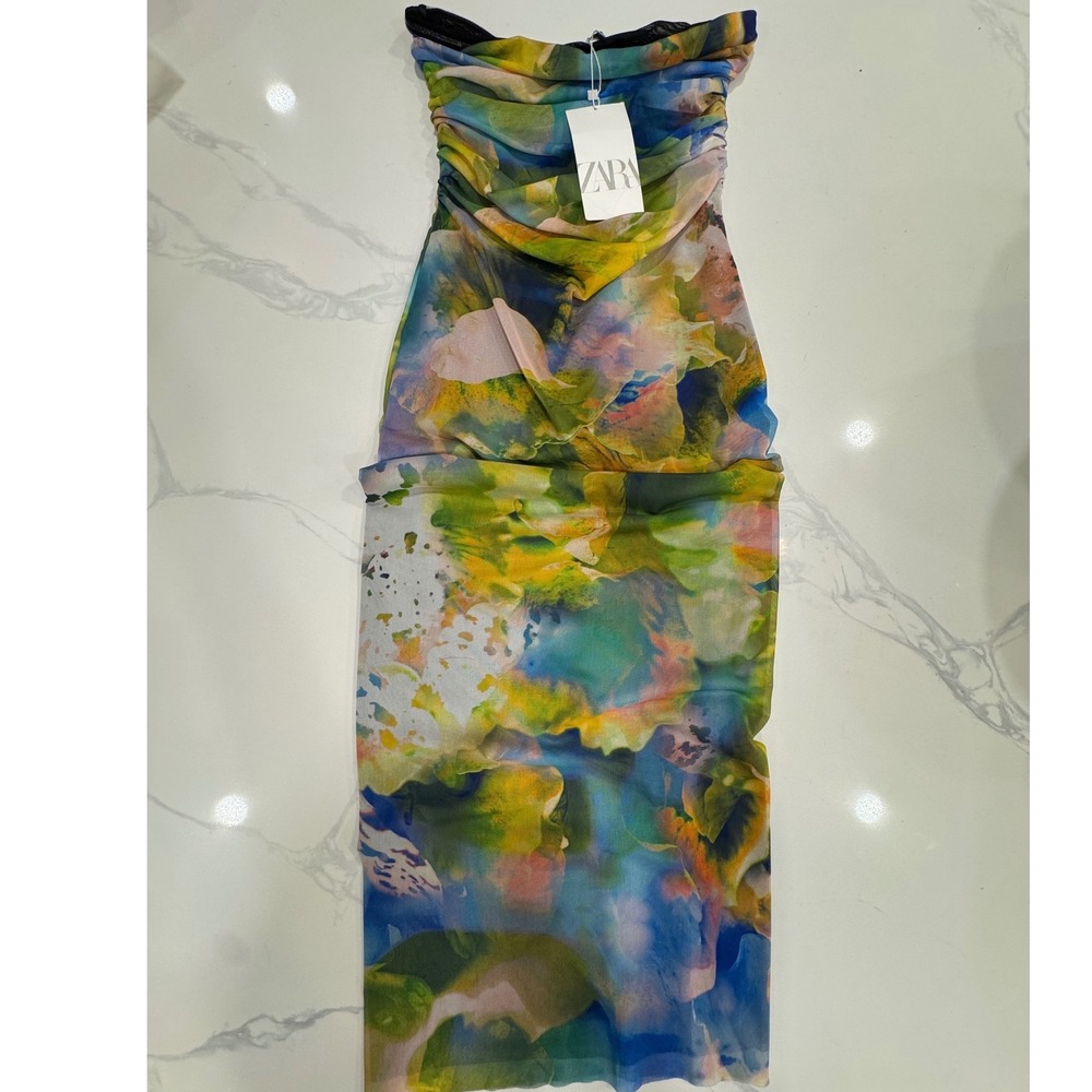 Zara NWT RUCHED PRINTED TULLE DRESS Size S Strapless Mesh Watercolor Ruched Midi - Picture 3 of 6